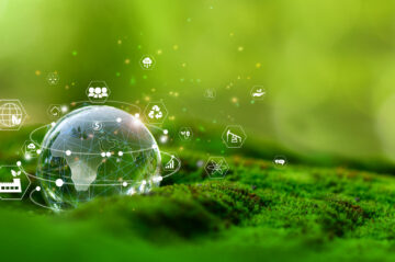 Glass globe in green forest with the icon environment of ESG, co2, circular company, and net zero. Technology Environment, Organization Sustainable development environmental.