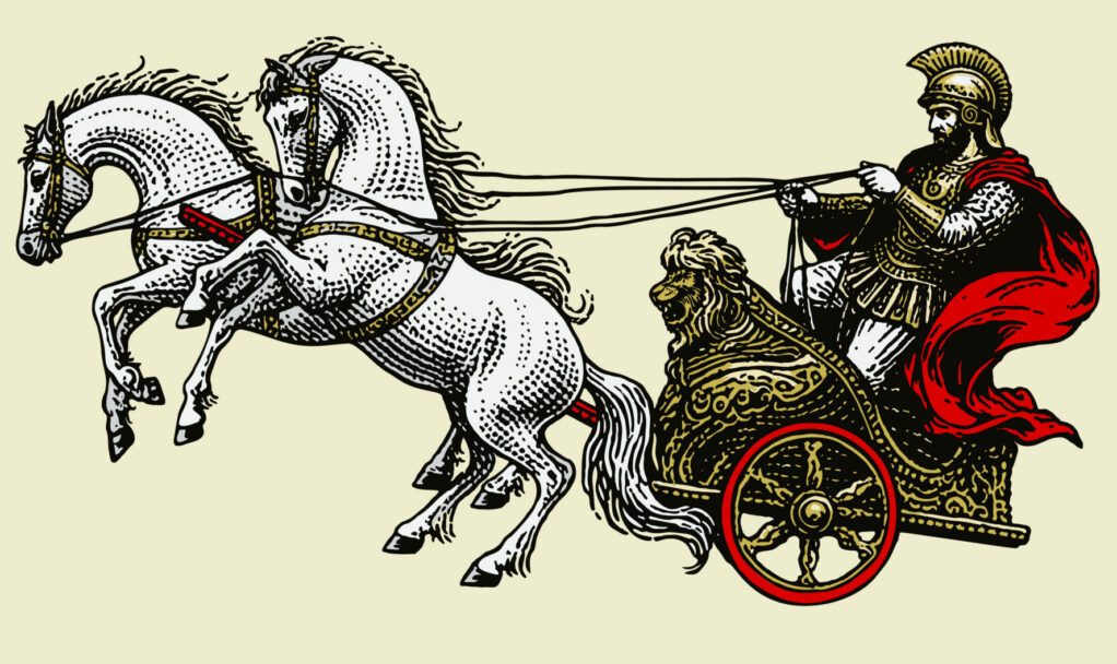 Roman warrior on an ancient war chariot drawn by two horses