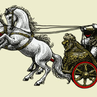 Roman warrior on an ancient war chariot drawn by two horses