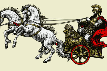 Roman warrior on an ancient war chariot drawn by two horses