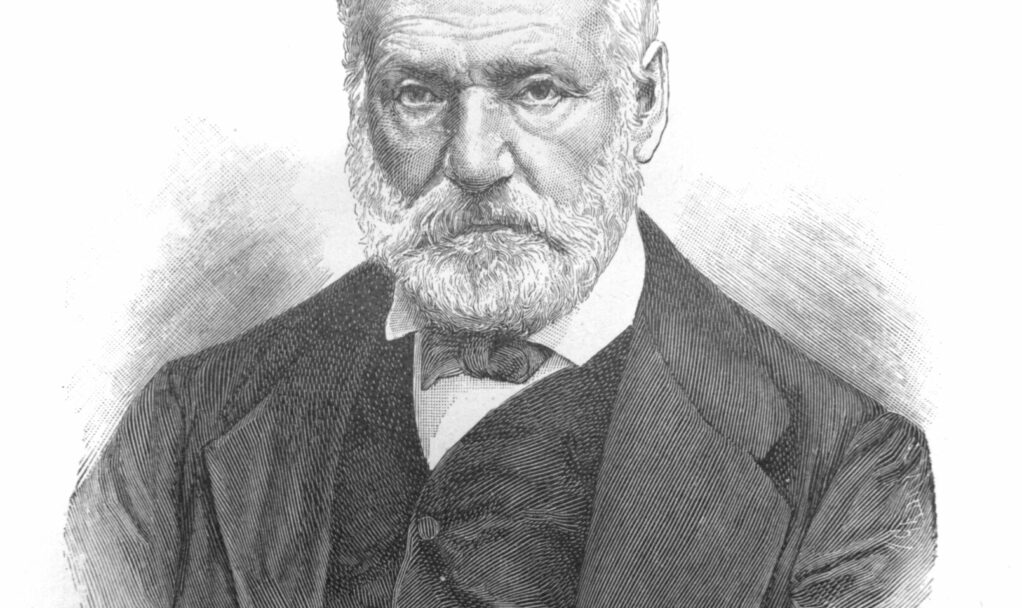 Portrait of Victor Hugo, a French poet, novelist, and dramatist of the Romantic movement in the old book The Literature of XIX century, by E.A. Solovieva, 1895, St. Petersburg